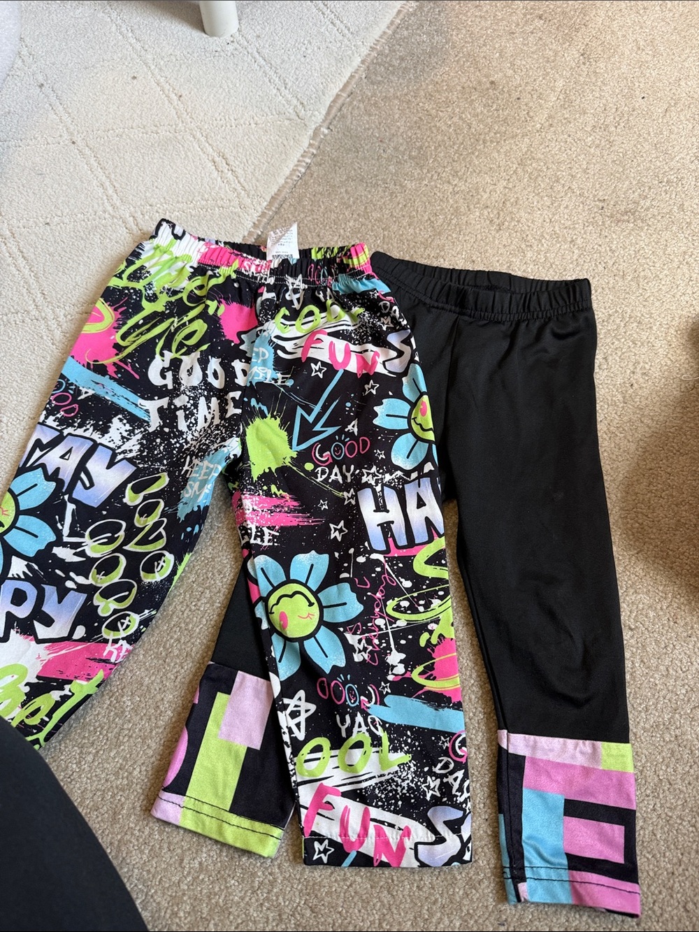 Girls' Neon Graffiti Graphic & Black Contrast Capri Leggings - Unbranded